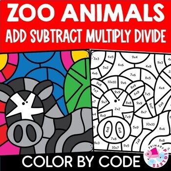 Preview of Zoo Animals Color by Number Code Multiplication Division Coloring Pages Spring