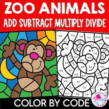 Preview of Zoo Animals Color by Number Code Multiplication Division Coloring Pages Spring 