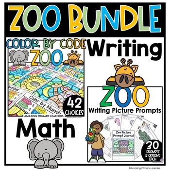 Preview of Zoo Animals Coloring Math Pages Writing Picture Prompts Bundle