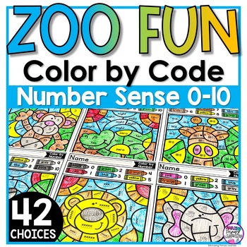 Preview of Zoo Animals Coloring Pages Math Morning Work Color by Code Color by Number