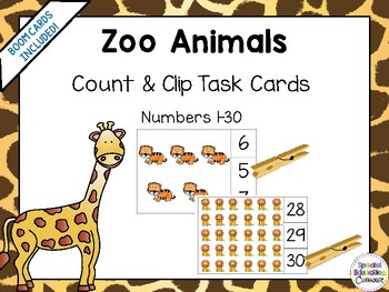 Preview of Math Task Cards | Count and Clip Numbers 1-30 Zoo Theme