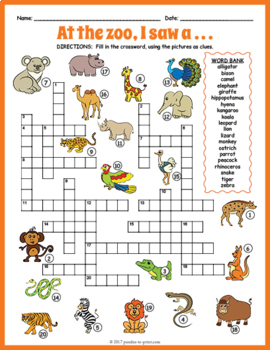 zoo animals crossword puzzle worksheet activity by puzzles to print