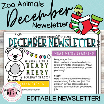 Preview of Zoo Animals December Newsletter Template *Editable
