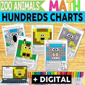 hundred charts zoo animals l math review l color by number l number order