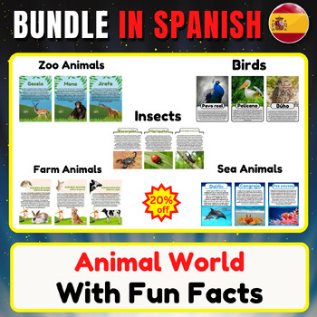 Preview of Zoo Animals/Insects/Farm/Ocean/Birds in Spanish.big Bundle With Fun Facts.