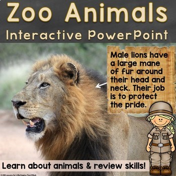 Preview of Zoo Animals Interactive PowerPoint w/ Skill Review & Gross Motor Activities