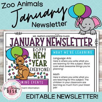 Preview of Zoo Animals January Newsletter Template *Editable