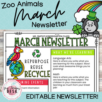 Preview of Zoo Animals March Newsletter Template *Editable
