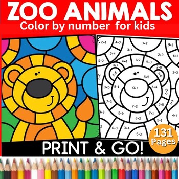 Preview of Zoo Animals Math Coloring Pages – Addition to 10 Color by Number Code Sheets