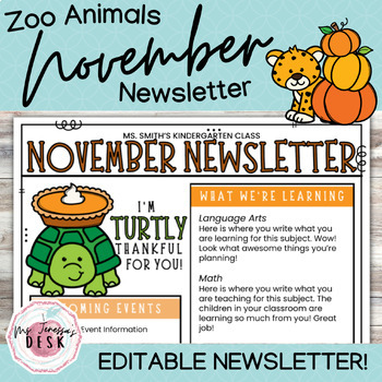 Preview of Zoo Animals November Newsletter Template *Editable