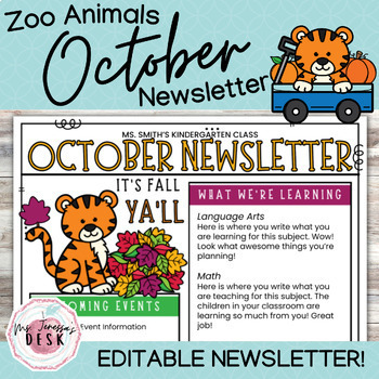 Preview of Zoo Animals October Newsletter Template *Editable