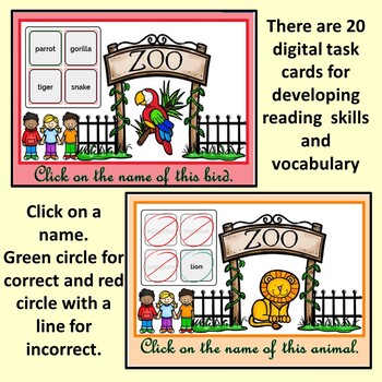 Zoo Animals Reading and Vocabulary BOOM interactive digital task cards