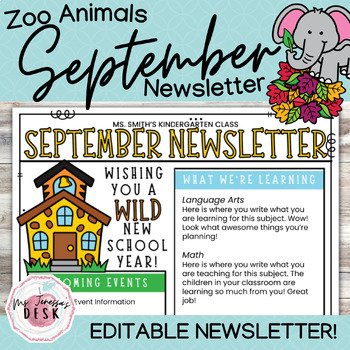 Preview of Zoo Animals September Newsletter Template *Editable