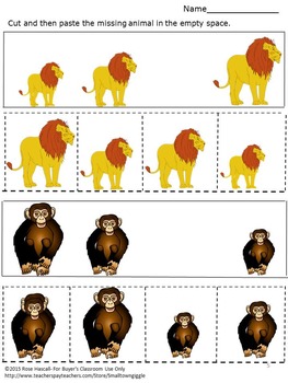 zoo animals sorting by size cut and paste activities math worksheets