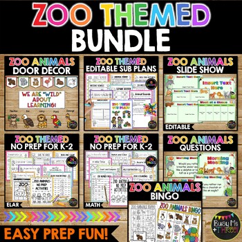 Preview of Zoo Animals Themed BUNDLE | Bingo | No Prep Worksheets | Door Display | Slides