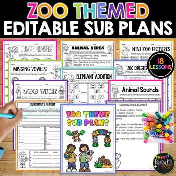 Preview of Zoo Animals Themed Math and ELAR Editable Sub Plans | NO PREP Activities