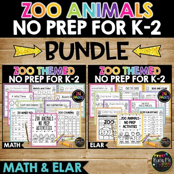 Preview of Zoo Animals Themed No Prep Math and ELAR BUNDLE  | Worksheets for K-2