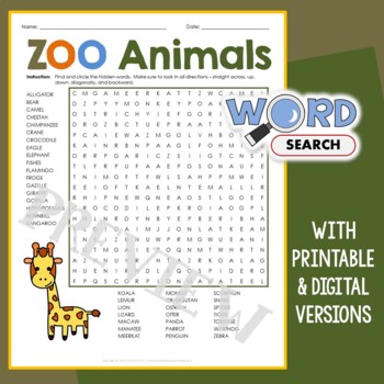 zoo animals word search puzzle fun vocabulary activity worksheet 3rd 4th grade