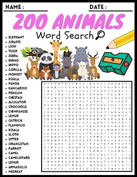 Zoo Animals Word Search Puzzle Worksheets Activities For Kids | TPT