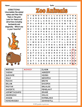 ESL ZOO ANIMALS Word Search & Scramble Puzzle Worksheet Activity