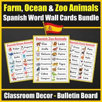 Preview of Zoo, Farm and Ocean Animals in Spanish : Ward wall Vocabulary Cards en español