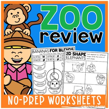 Preview of Kindergarten Math and Literacy Worksheets for a Zoo Summer Review Packet