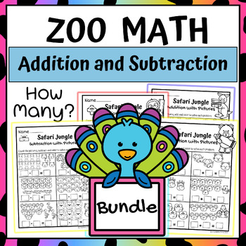 Preview of Zoo Math Bundle Addition& Subtraction, Safari Worksheets and Activities to 10