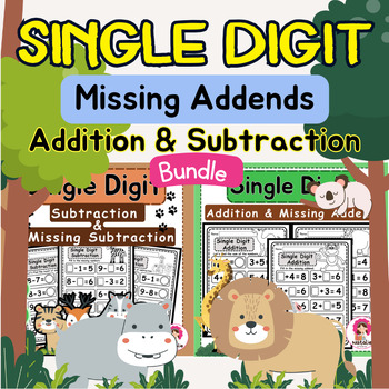 Preview of Zoo Math Bundle : Single Digit Addition&Subtraction and Missing Addends | Math