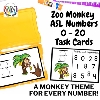 Preview of Zoo Monkey Animal American Sign Language (ASL) Numbers 0 - 20 Tracing Task Card