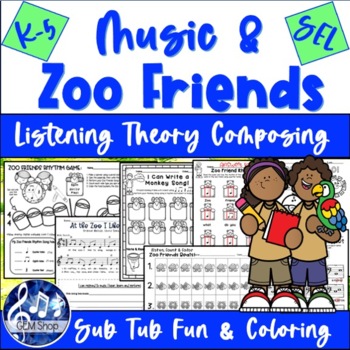 Preview of ZOO MUSIC Worksheets SEL Activities Theory Listening Coloring Composing Songs