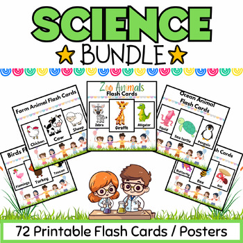 Preview of Zoo Ocean Farm Animals, Insects & Birds Flashcards BUNDLE for Kids-72 Printables