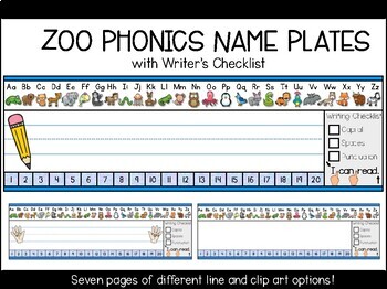 Preview of Editable Zoo Phonics Name Plates for Desk with Writer's Checklist