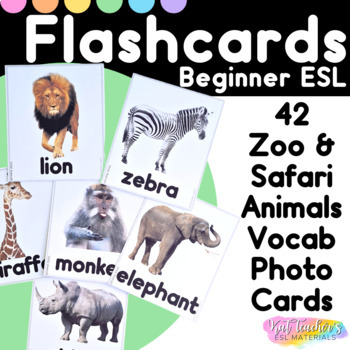 Preview of Editable ESL Flashcards Zoo Wild Animals Vocabulary Photo Picture Cards ESL SPED