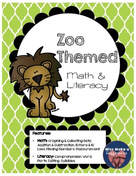 Preview of Zoo Animal Themed Math and Literacy Worksheets