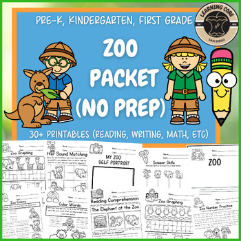 Preview of Zoo Worksheets Packets Zoo Coloring Writing PreK Kindergarten First Grade TK