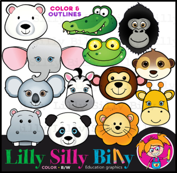 Preview of Zoo animal faces - B/W & Color clipart illustration. {Lilly Silly Billy}