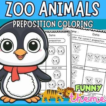 Preview of Zoo cute animals preposition coloring worksheet for k 1st 2nd