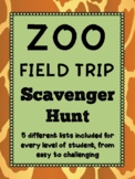 Zoo field trip scavenger hunt lists - 5 levels