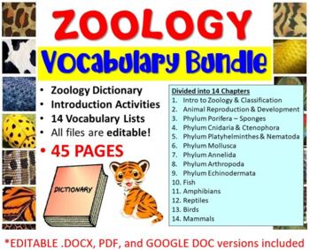 Preview of Zoology Vocabulary Lists with Introduction Activities and Dictionary *editable