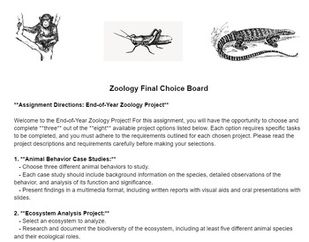 Preview of Zoology or Biology Choice Board Final