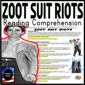 Preview of Zoot Suit Riot Mexican Americans WW2 Reading Comprehension Worksheet Activity