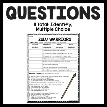 zulu warriors reading comprehension informational worksheet south africa