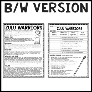 zulu warriors reading comprehension informational worksheet south africa