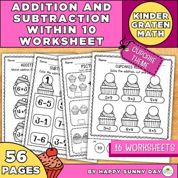 Preview of Addition And Subtraction Within 10 Worksheets Kindergarten Math | Cupcake Theme