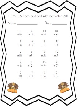 Preview of addition and subtraction practice-thanksgiving themed!