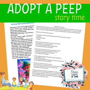 Preview of adopt a peep easter story for Preschool with purpose and questions April theme