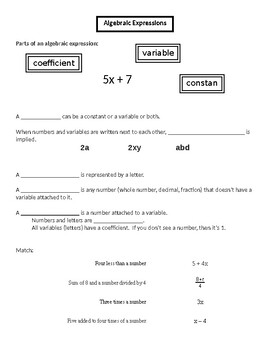 Identifying Parts Of An Algebraic Expression Worksheets Teaching Resources Tpt