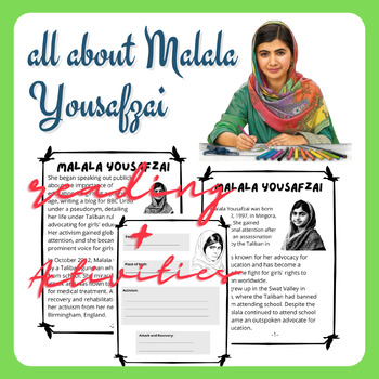 Preview of all about Malala Yousafzai reading and  Activities