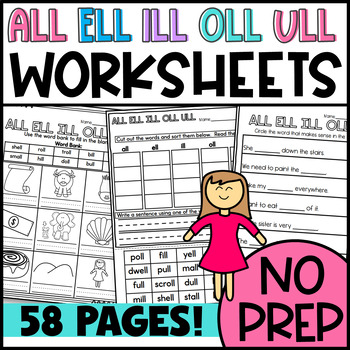 Preview of all, ell, ill, oll, ull Worksheets: Cut and Paste Sorts, Cloze, Read & Draw, etc