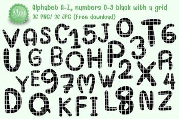 Preview of alphabet A-Z and numbers 0-9, black with a grid